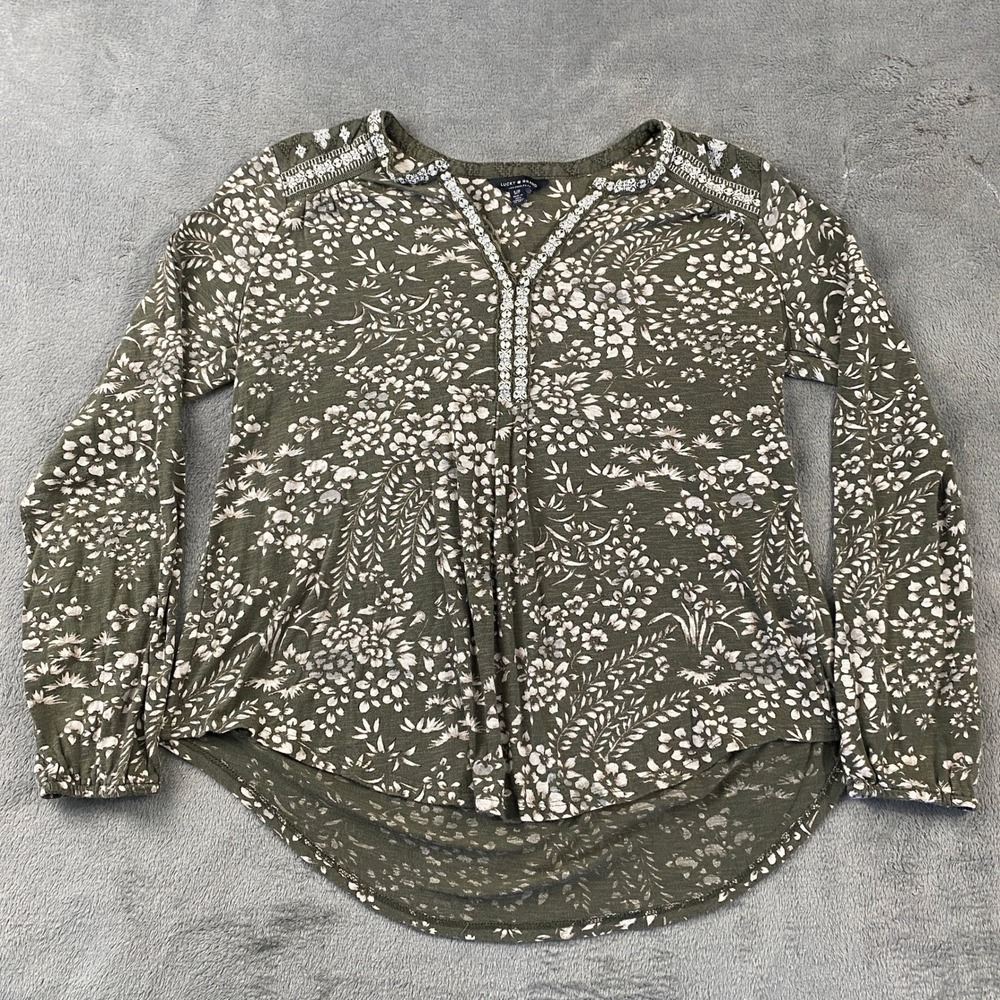 Lucky Brand Blouse Womens S Olive Green Floral Embroidered Split Neck 7WP6134